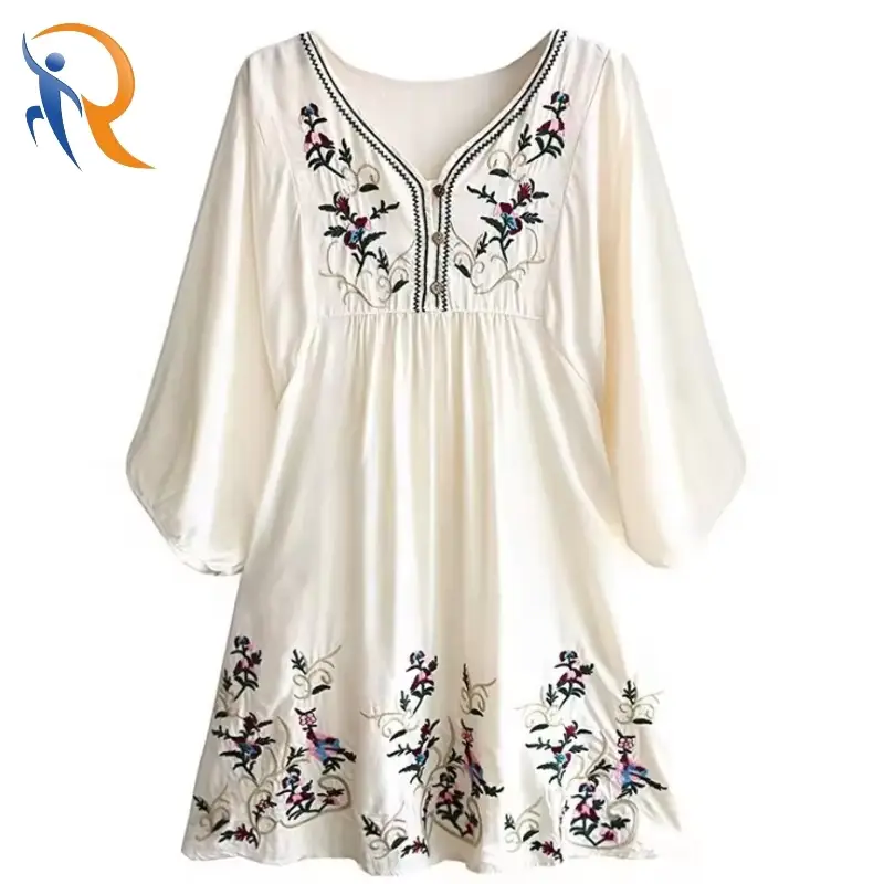 Casual Floral Embroidery Mid-length sleeve Pleated Loose Mini Dresses 1