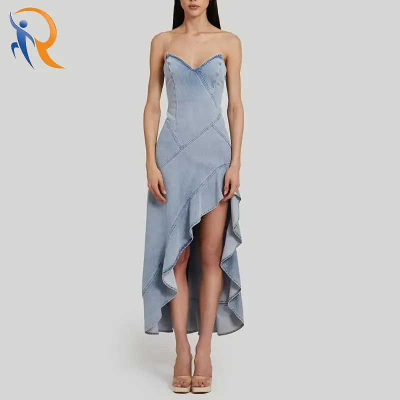 Summer Sleeveless Patchwork Irregular Ruffled Hem Denim Dress 1