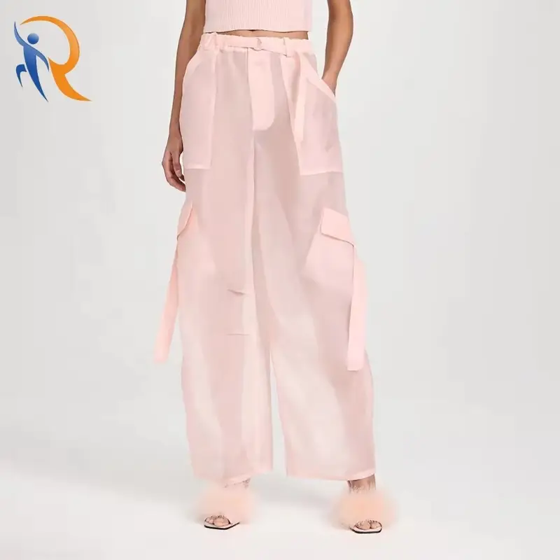 Ladies Wide Legs Gauzy Cargo Pants With Belt 1