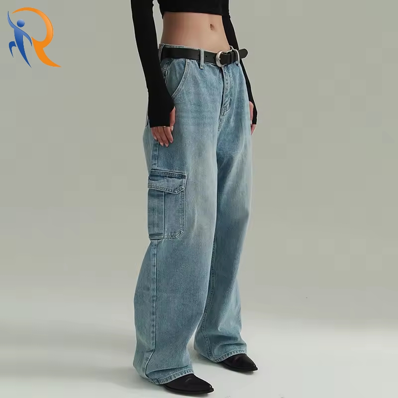 Women Fashionable Mid Waist Wide Leg Cargo Jeans Loose Fit Casual Pants 1