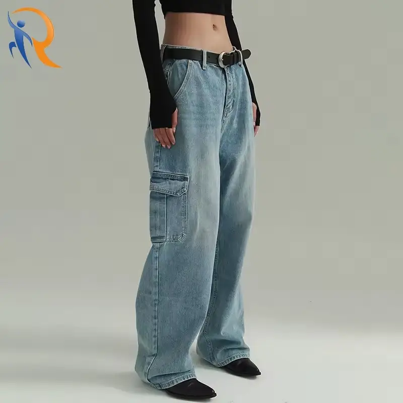 Women Fashionable Mid Waist Wide Leg Cargo Jeans Loose Fit Casual Pants 1