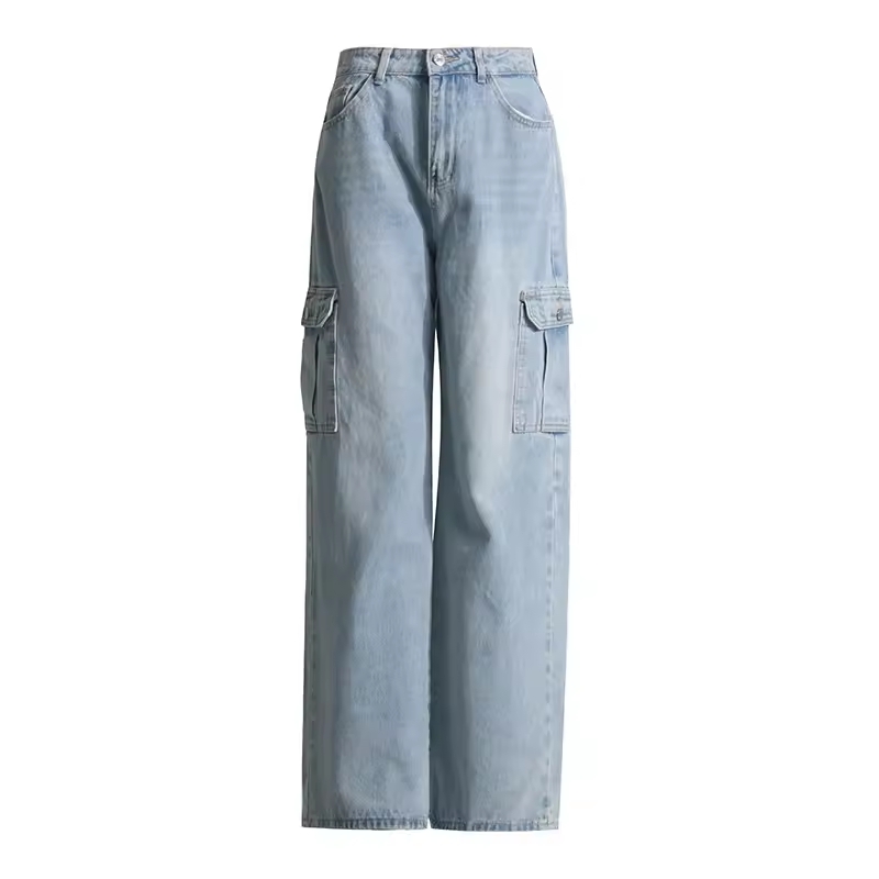 Women Fashionable Mid Waist Wide Leg Cargo Jeans Loose Fit Casual Pants 4