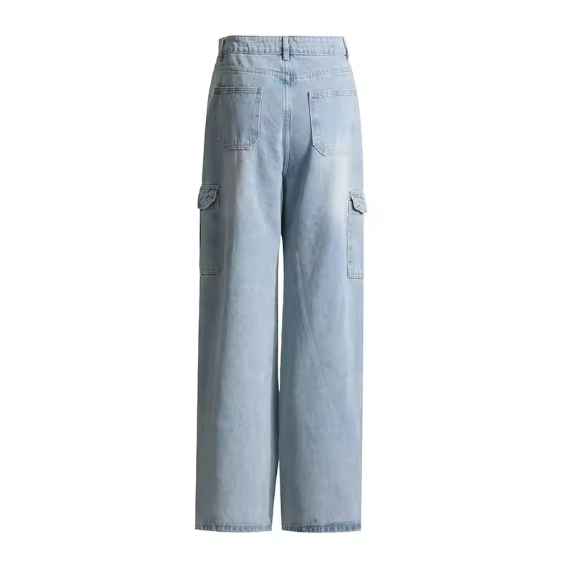Women Fashionable Mid Waist Wide Leg Cargo Jeans Loose Fit Casual Pants 3