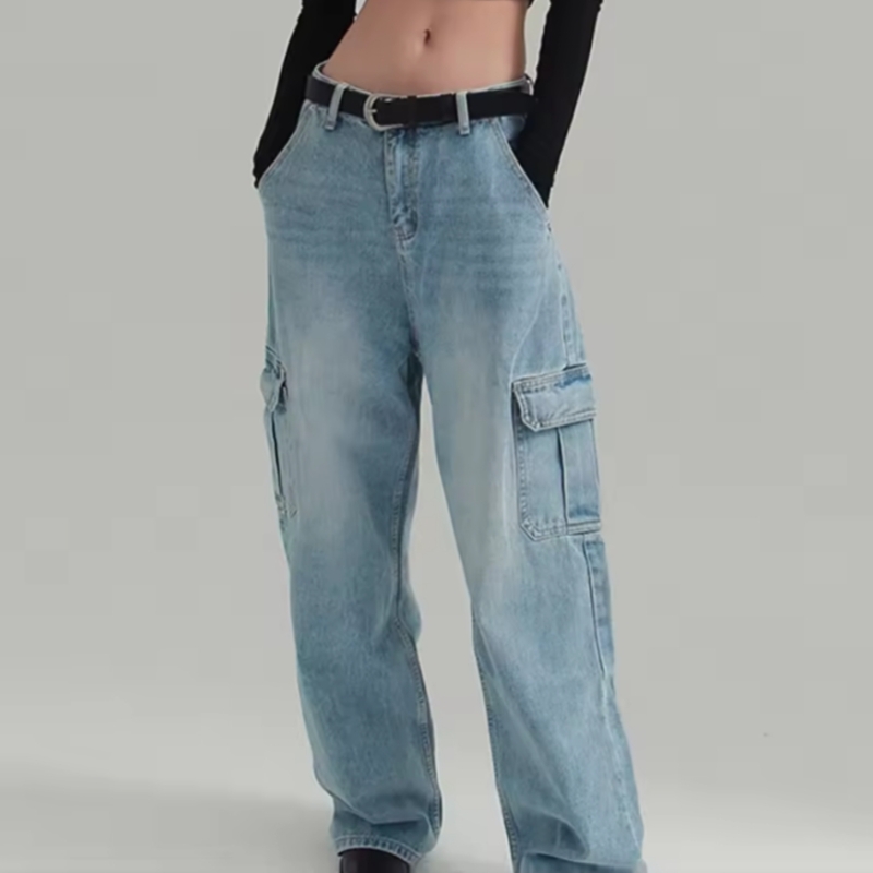 Women Fashionable Mid Waist Wide Leg Cargo Jeans Loose Fit Casual Pants 2