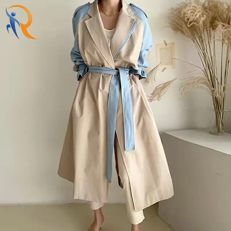 Autumn Lapel Contrast Color Belt Long Windbreaker Coat 1