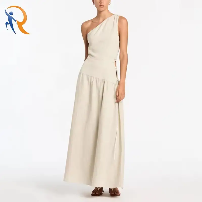 Elegant One Shoulder Hollow Maxi Linen Dress 1