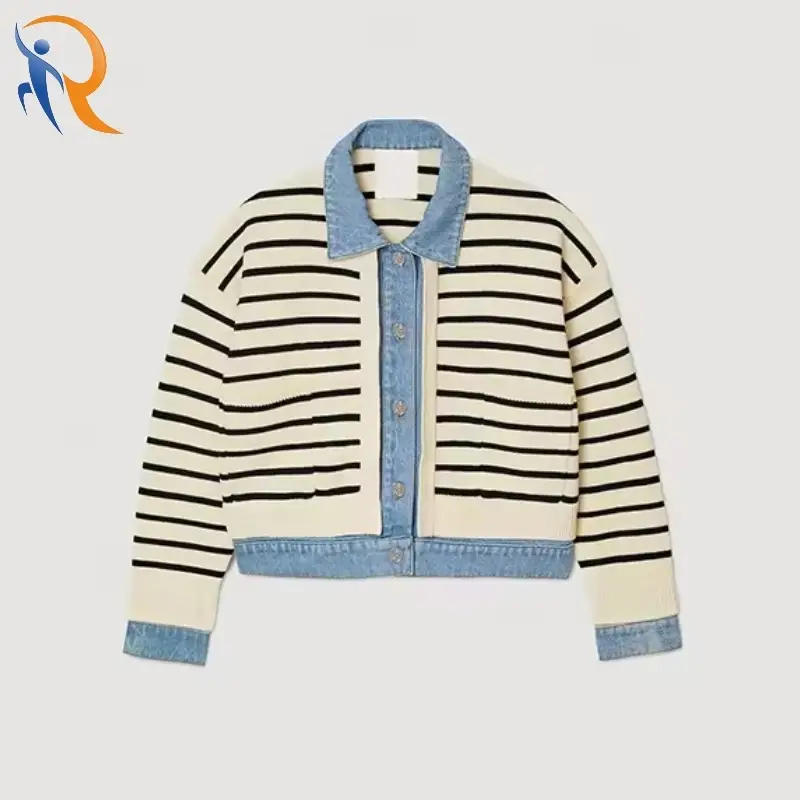 Autumn Lapel Long Sleeved Single-breasted Striped Knit Sweater Jacket 1