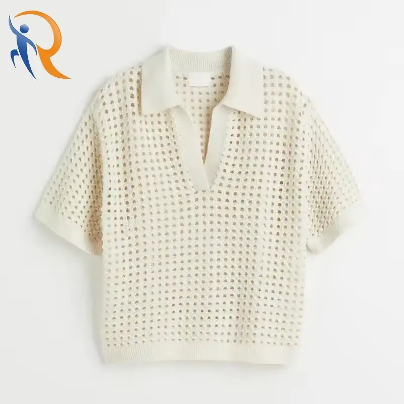 Autumn Hollow-out V-neck Polo Short Sleeves Knit Sweater 1