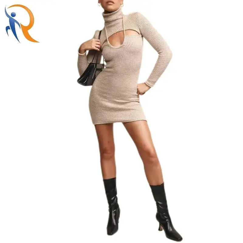 Women's Autumn Winter Fashion Design High-neck Slim-fit Hollow Mini dress 1