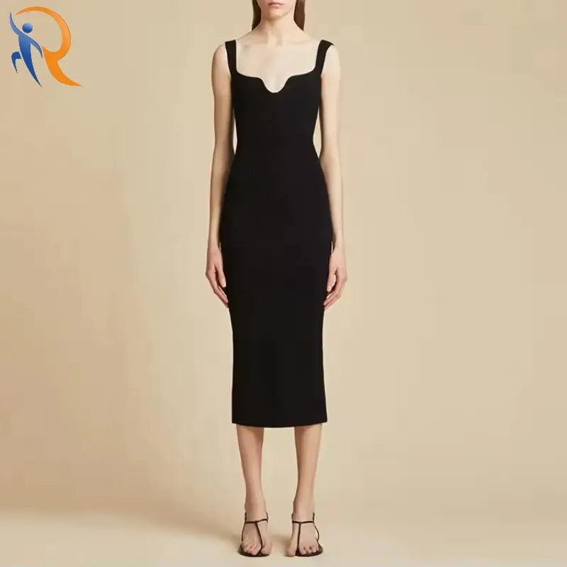 Elegant Sexy Black Sleeveless Knit Ribbing Dress 1