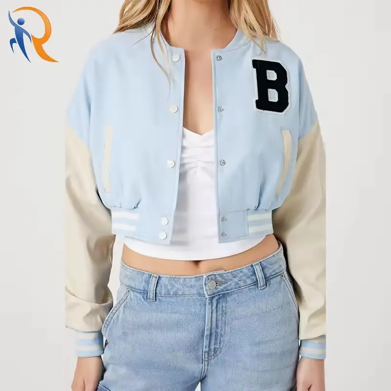 Autumn Streetwear Patchwork Embroidery Cropped Women Varsity Jacket 1