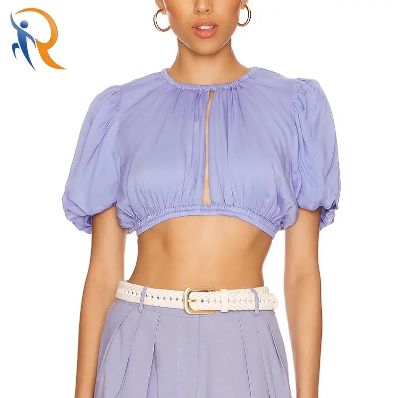 Summer Purple Puff Sleeve Pleated Hollow Out Crop Top 1