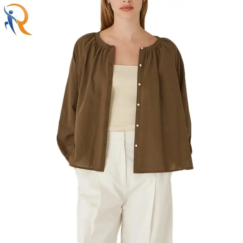 Summer Autumn Pleated Round Neck Side Slit Casual Blouse 1