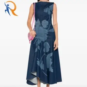 flared denim midi dress fitted waistline leather tag flared skirt 1