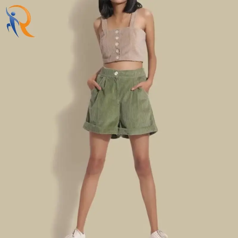 Women Elastic Waist Corduroy Shorts 1