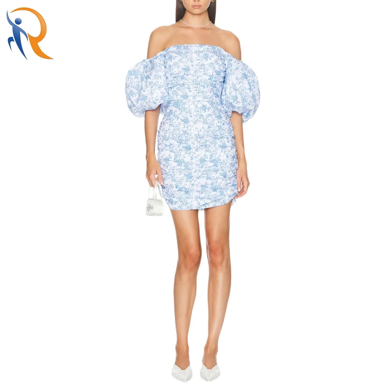 Off Shoulder Puff Sleeve Floral Print Slim Fit Mini Dress 1