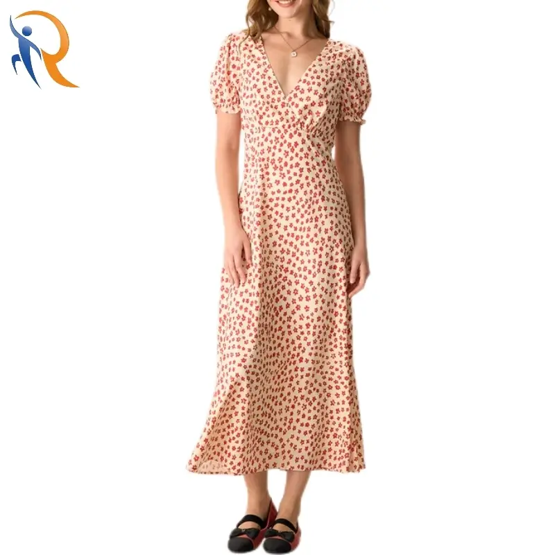 V Neck Puff Sleeve Floral Print Maxi Dress 1