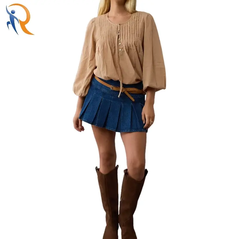 Puff Sleeve Round Neck Pleated Semi-open Button Placket Loose Blouse 1