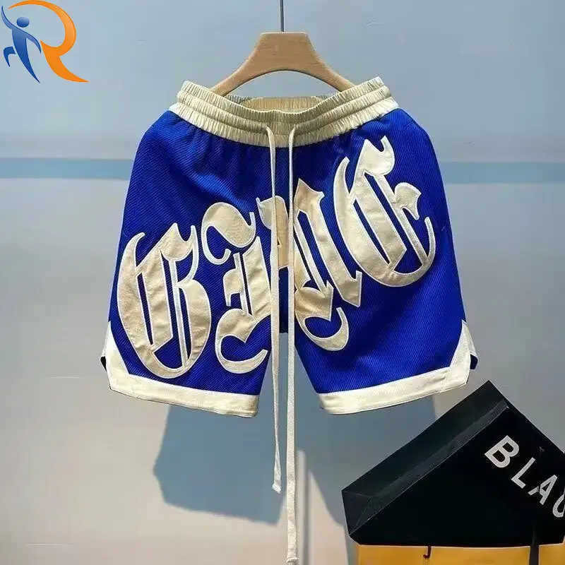 شورت كرة السلة الأمريكي للرجال، شورت صيفي سريع الجفاف للتدريب الرياضي، سراويل قصيرة فضفاضة مطرزة على طراز الهيب هوب في الشارع 1