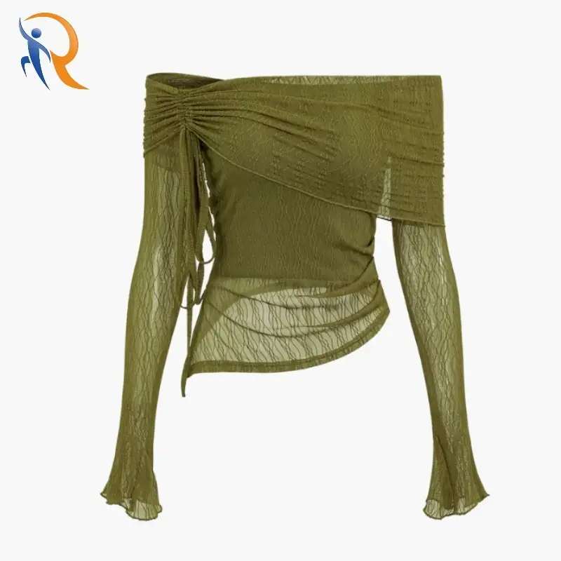 Texture Off Shoulder Asymmetrical Tie Mesh Top 1