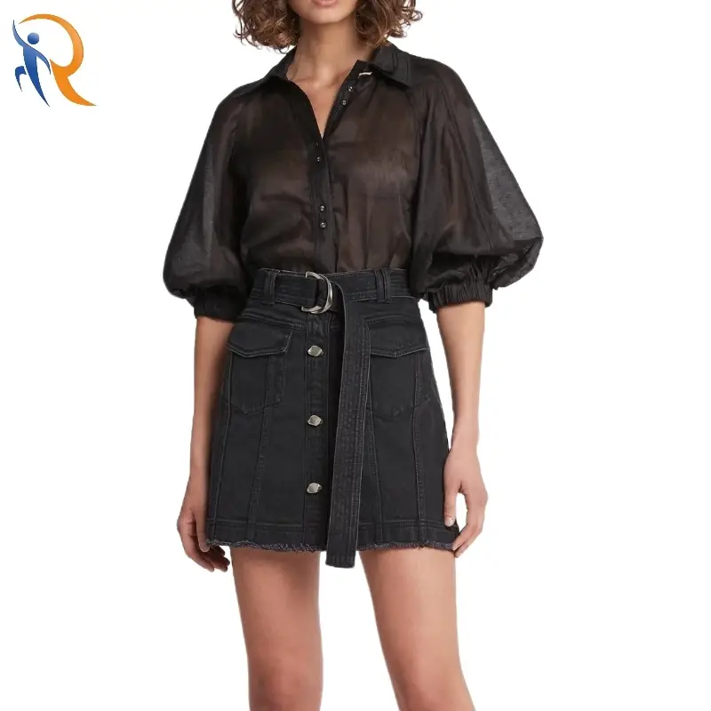 Black Puff Sleeve Translucent Shirt 1