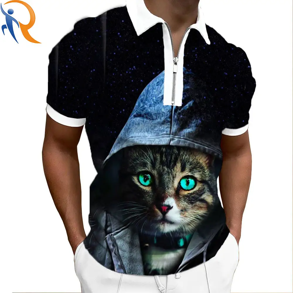 New Cool Cool cat pattern Trend Zipper Lapel Men's polo Shirt Manufacturers Wholesale 1
