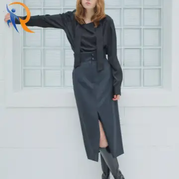 High Waist Wool Skirt in Dark Grey 1