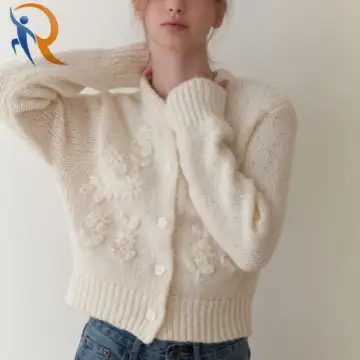 Round neck knit cardigan light beige color 1