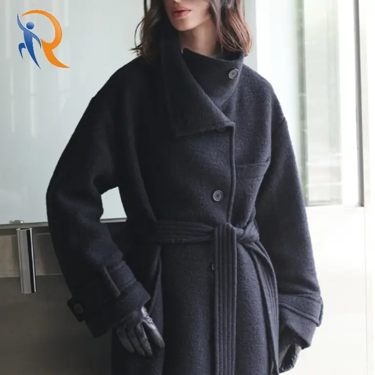 Belted High-Neck Long Coat 1