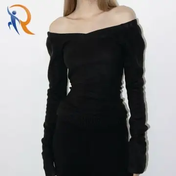 Off Shoulder Long Sleeve Cropped Top [Black] 1