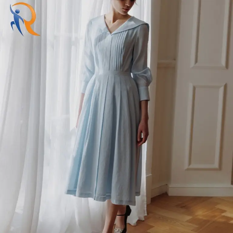 Sailor collar pin tucked long dress 1