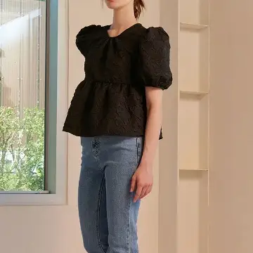 Summer Puff Half Sleeve Shirring Blouse [Black] 1