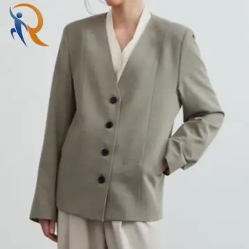 V-neck Collarless Single Wool-blend Jacket 1
