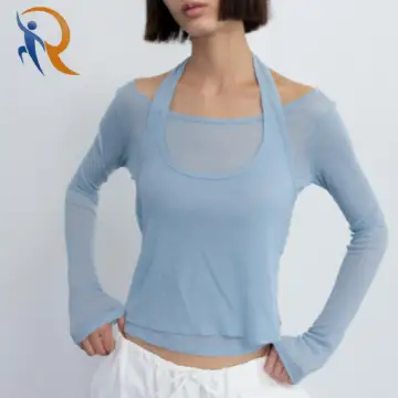 LONG-SLEEVE HALTER NECK SETUP T-SHIRT [LIGHT BLUE] 1