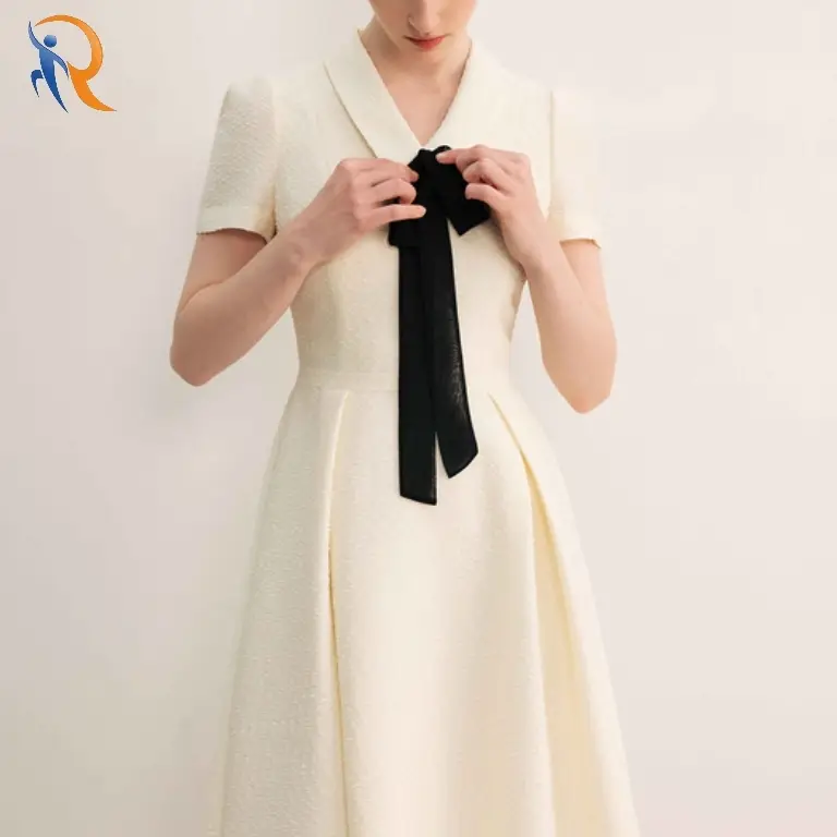 Classic collar waist tuck detail long dress 1