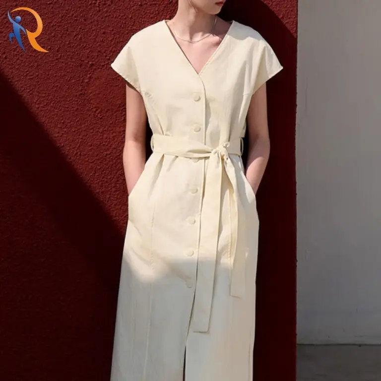 V-Neck belt dress cream 1