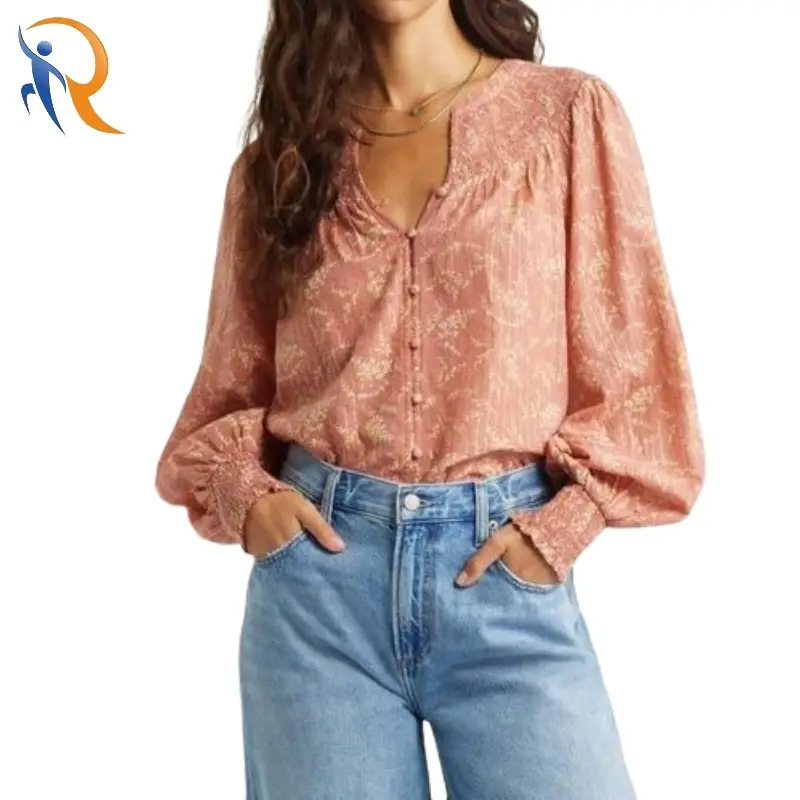 Floral Printing Round Neck Smocking Puff Sleeve Blouse 1