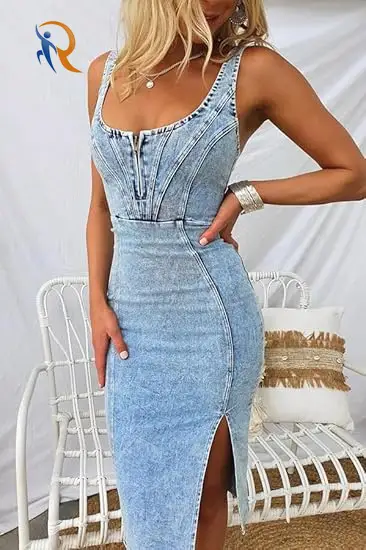 Sleeveless Side Slit Bodycon Midi Jean Dresses 1