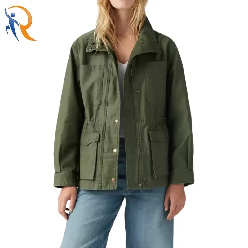 Khaki Zipper Button Placket Multi Pockets Drawstring Waist Women Jacket-1748317684465253 1