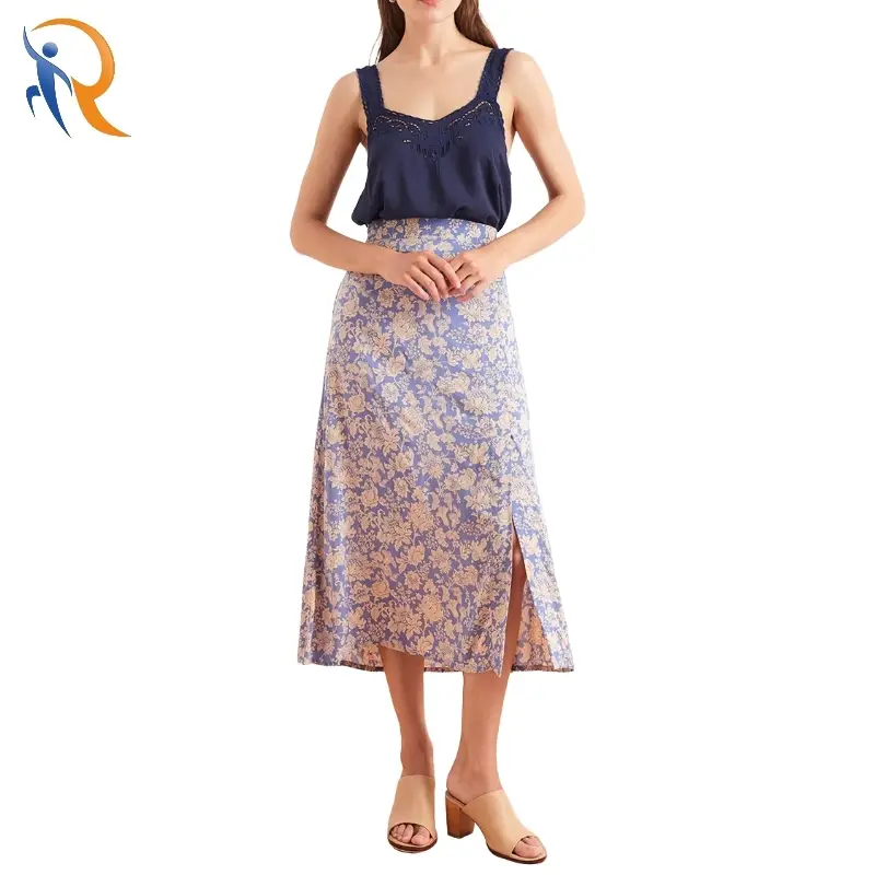 High Waist Purple Floral Printing Slit Skirt 1