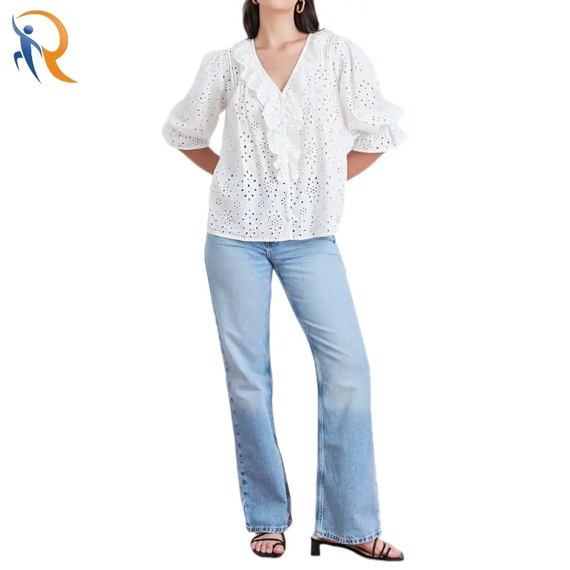 Hollow Ruffles V-neck Puff Half Sleeves White Cotton Top 1