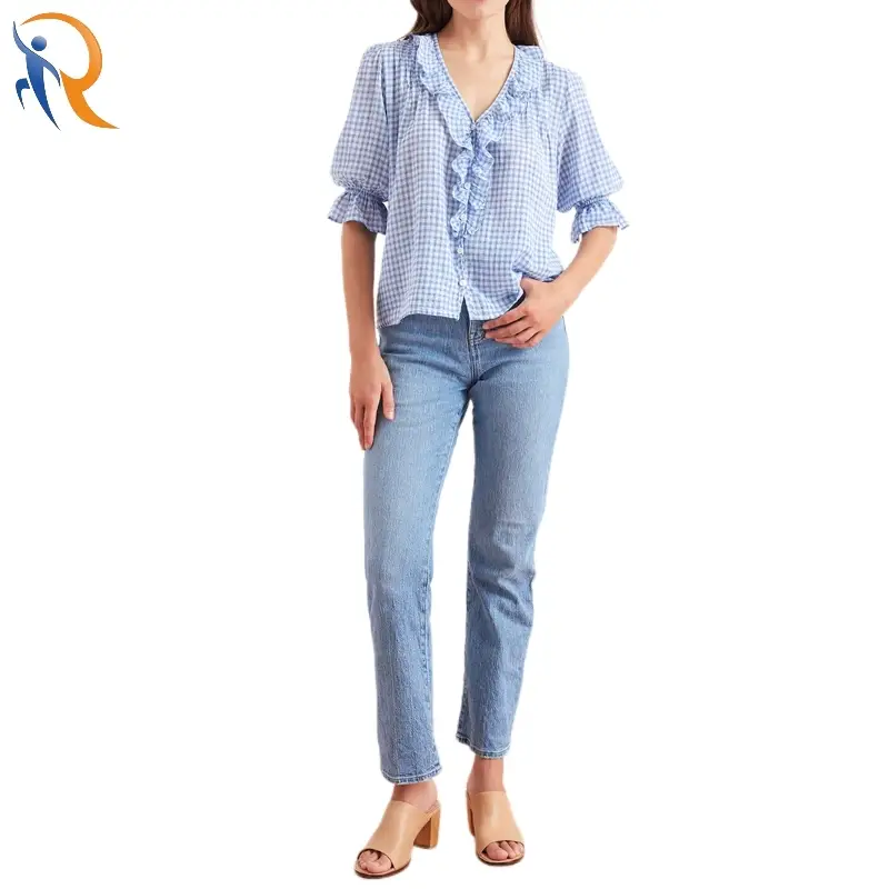 Blue Check Ruffles V-neck Puff Half Sleeves Top 1