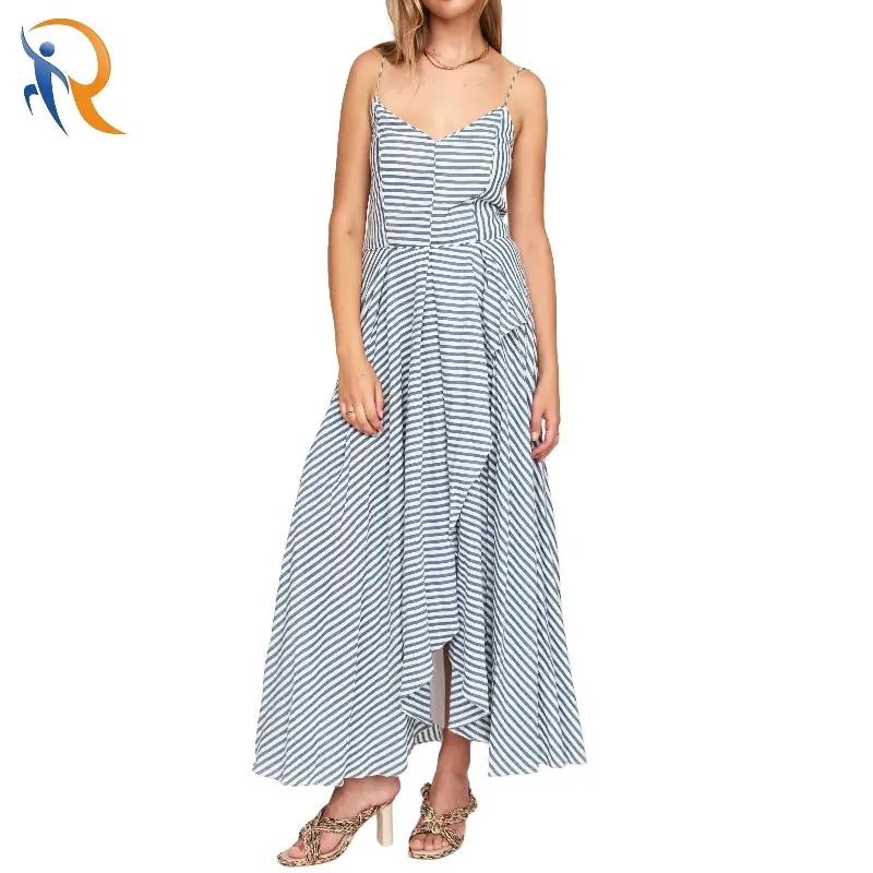 Spaghetti Shoulder Strap V-Neck Stripe Dress One-piece Wrapped Hem 1