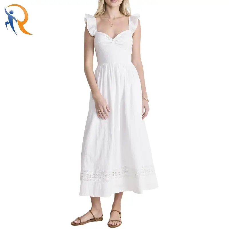 Sleeveless Ruffled Shoulder Strap Smocking White Dress 1