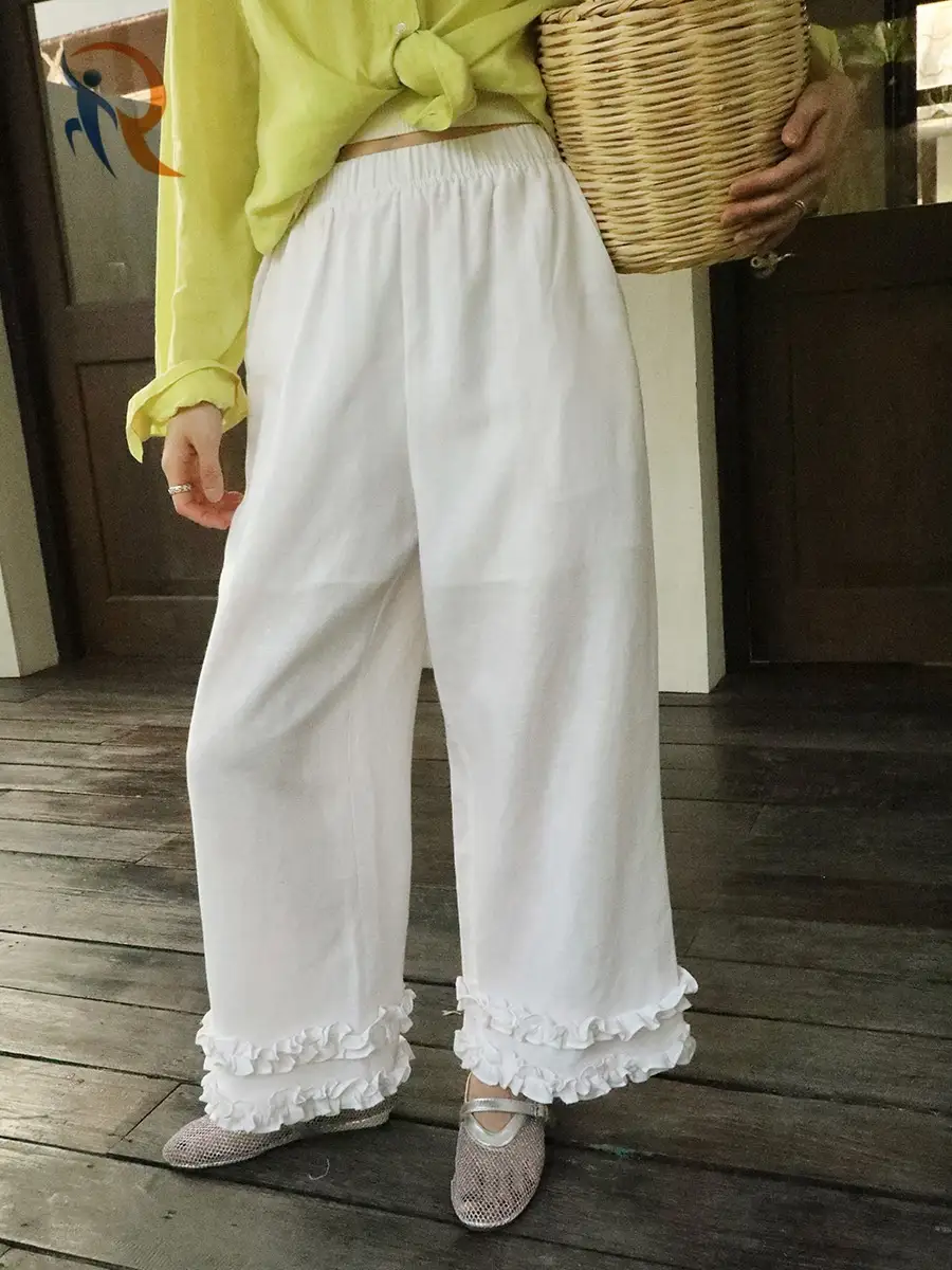 Womens Wide Leg Pants Drawstring Elastic High Waisted Ruffle Hem Pants with Pockets 1