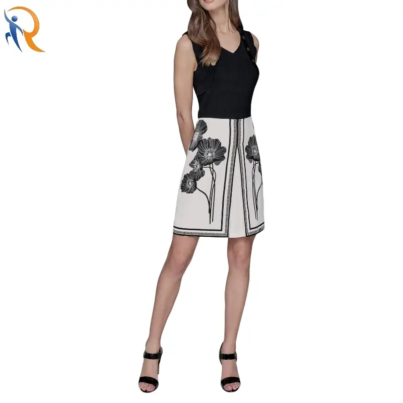 Floral Print High Waist A-Line Block Skirt 1