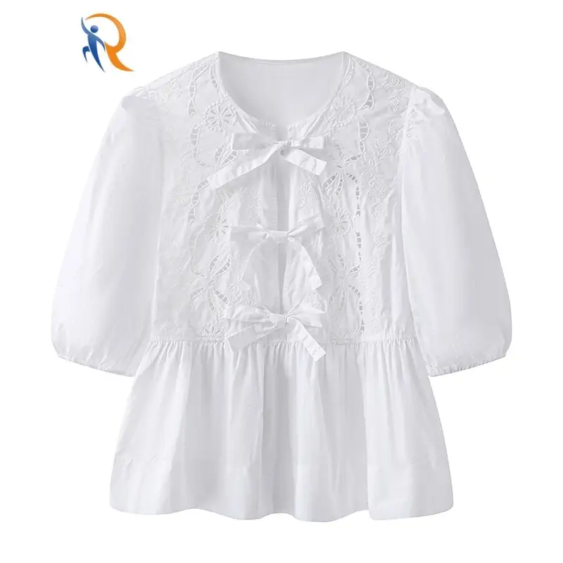 Womens Tops Casual Dressy Tie Front Bow Puff Sleeve 1