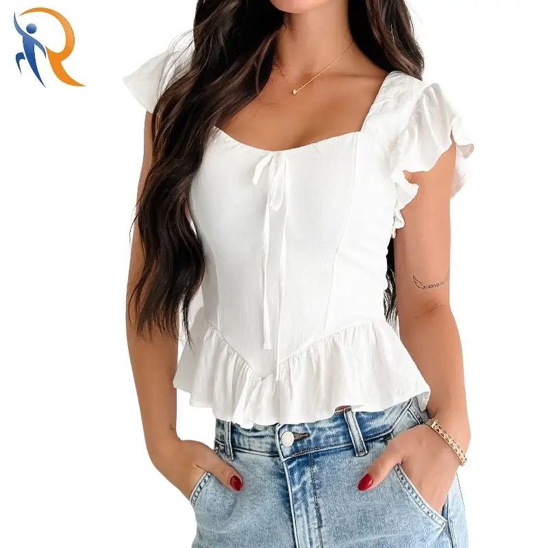 Square Collar Ruffled Hem Slim Fit Sweet White Top 1