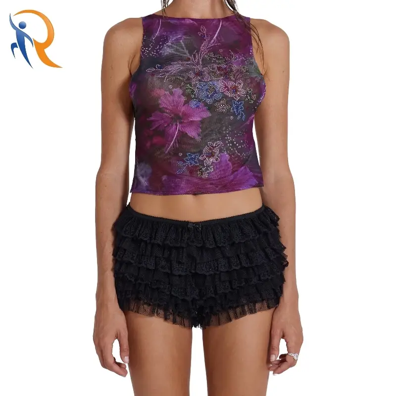 Women Sexy Rhinestone Floral Printing Backless Lace Trim Top 1