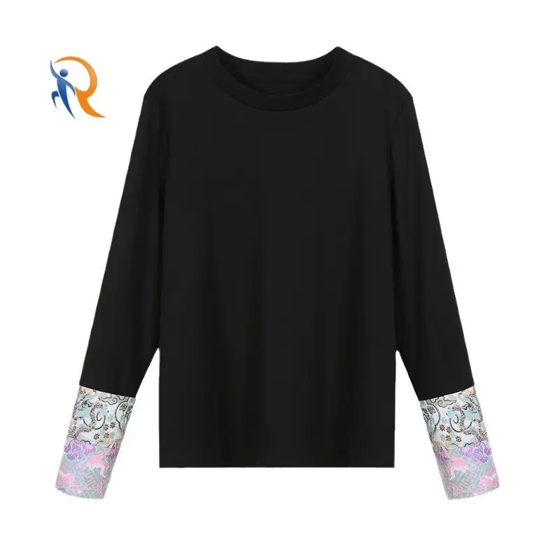 Women's Patchwork Tees long Sleeve Crew Neck Loose T Shirts 1